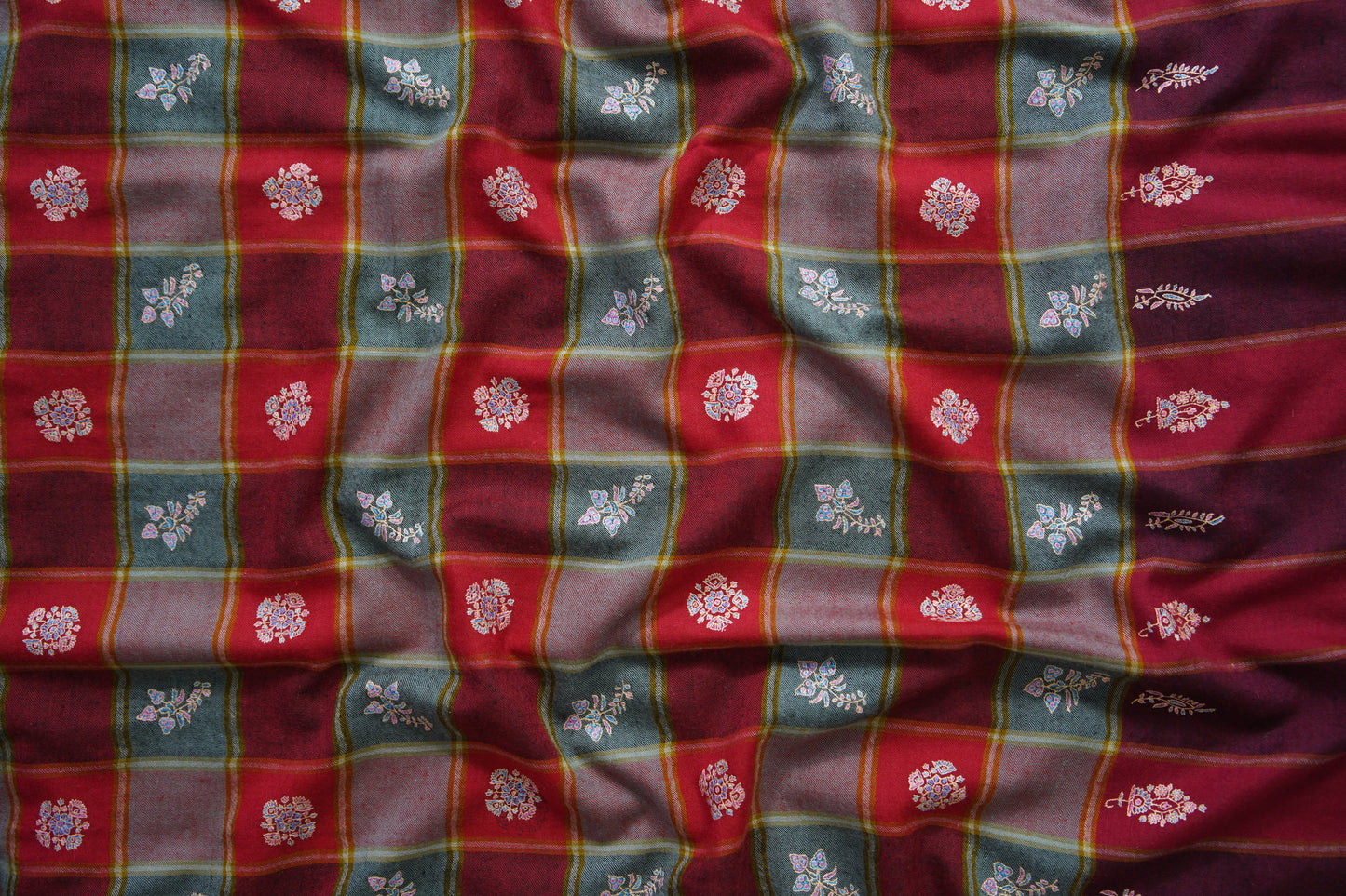 multicoloured checked GI embroidery pashmina shawl 9512