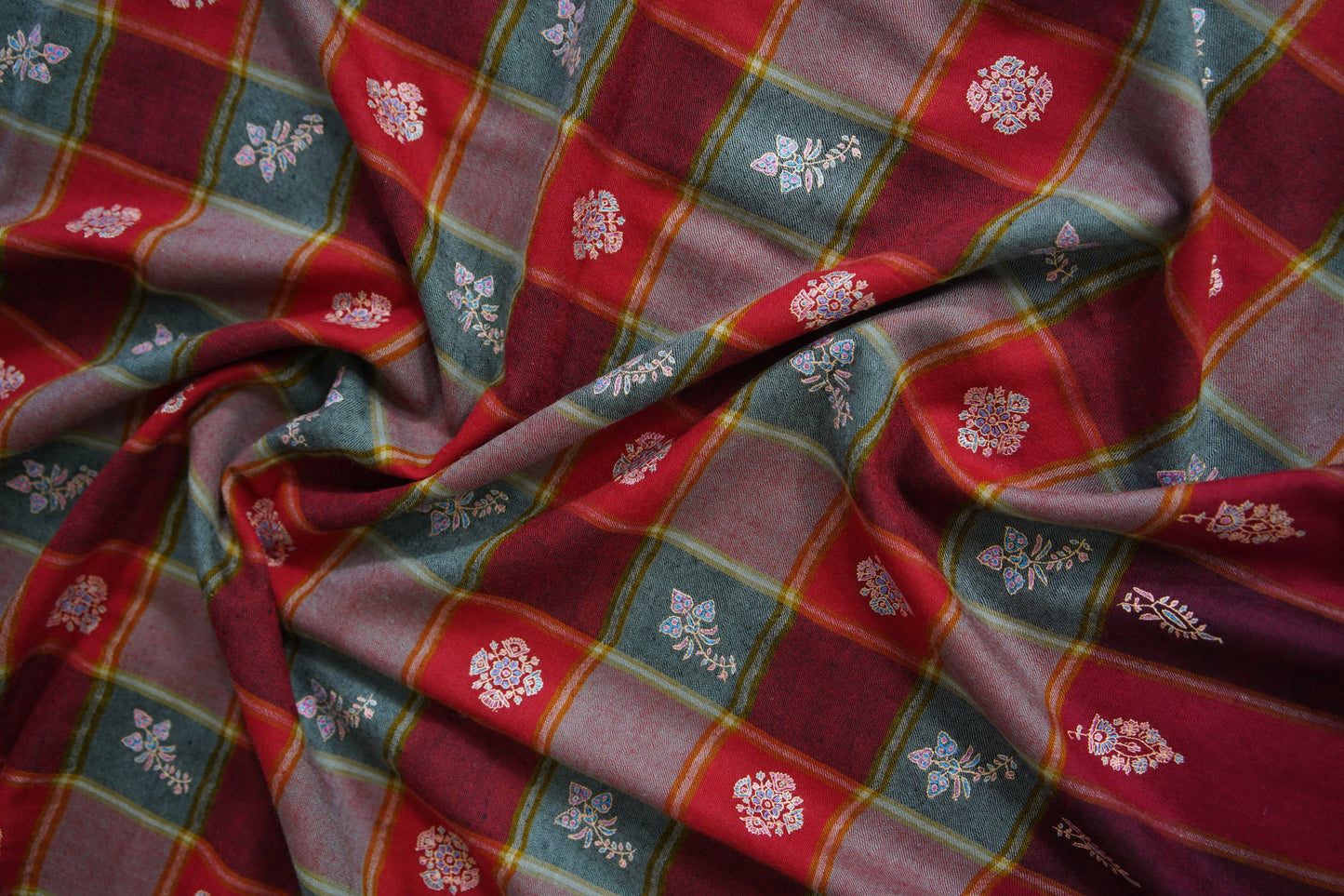 multicoloured checked GI embroidery pashmina shawl 9512