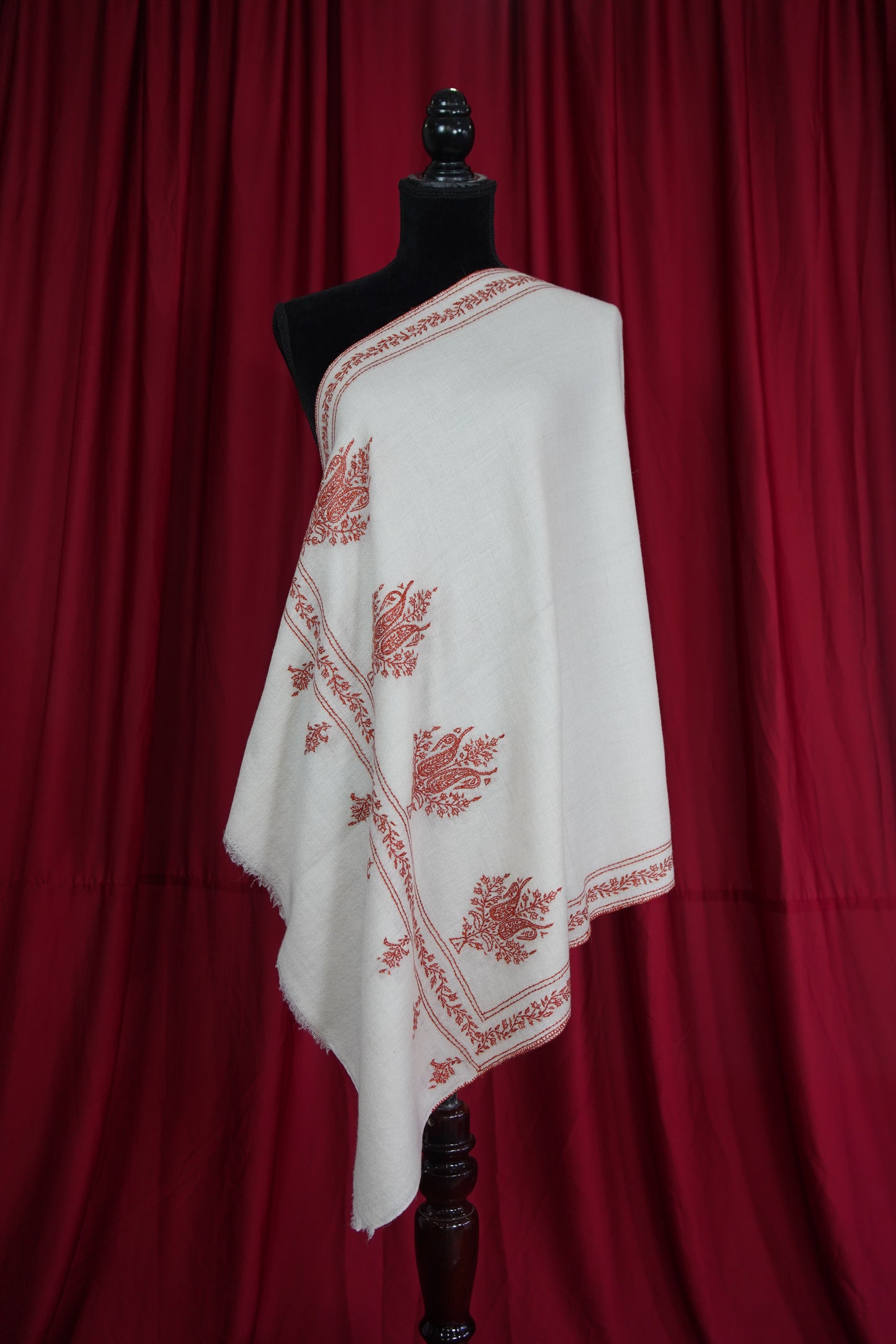white GI embroidery pashmina stole 9547