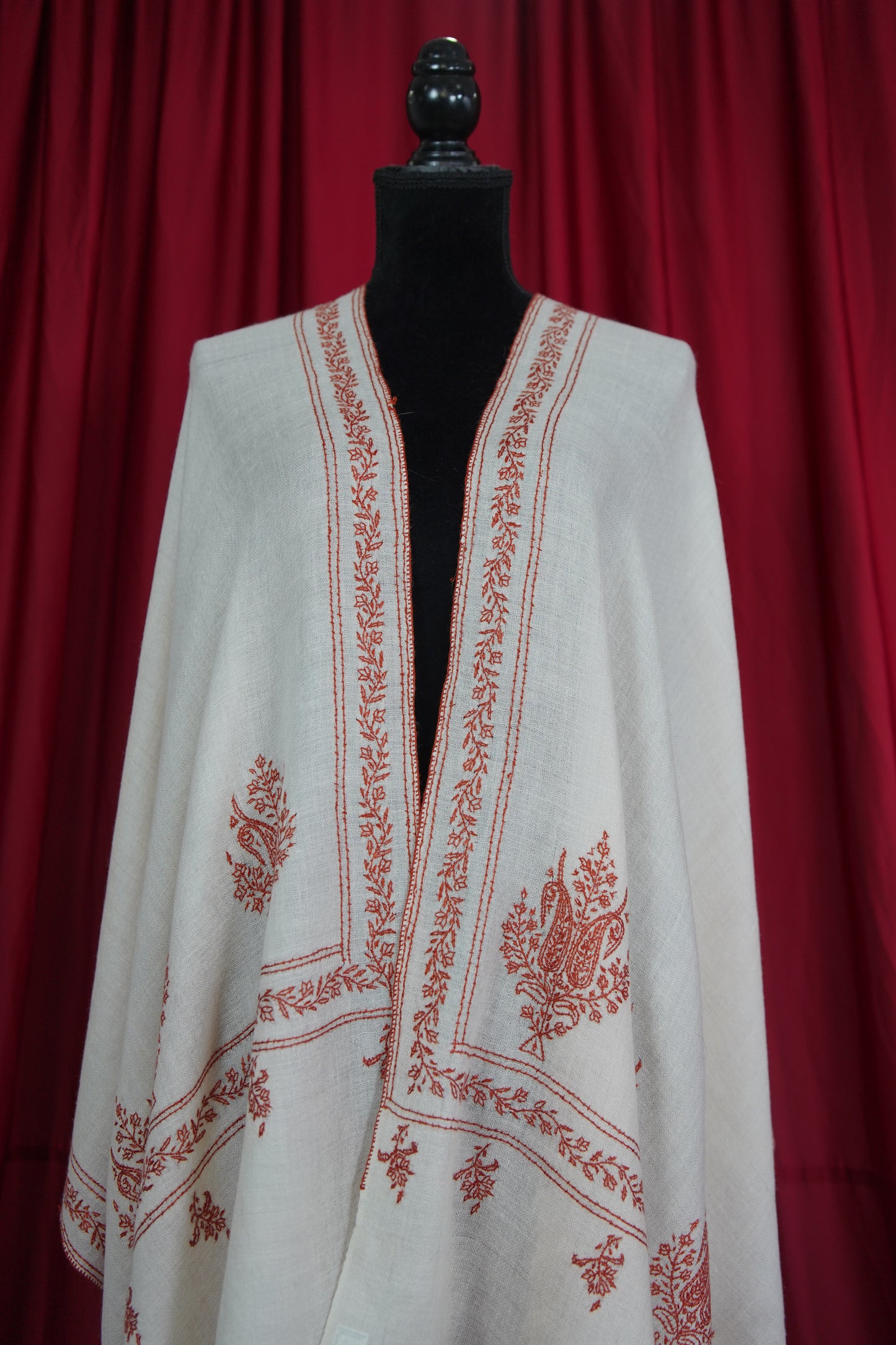 white GI embroidery pashmina stole 9547