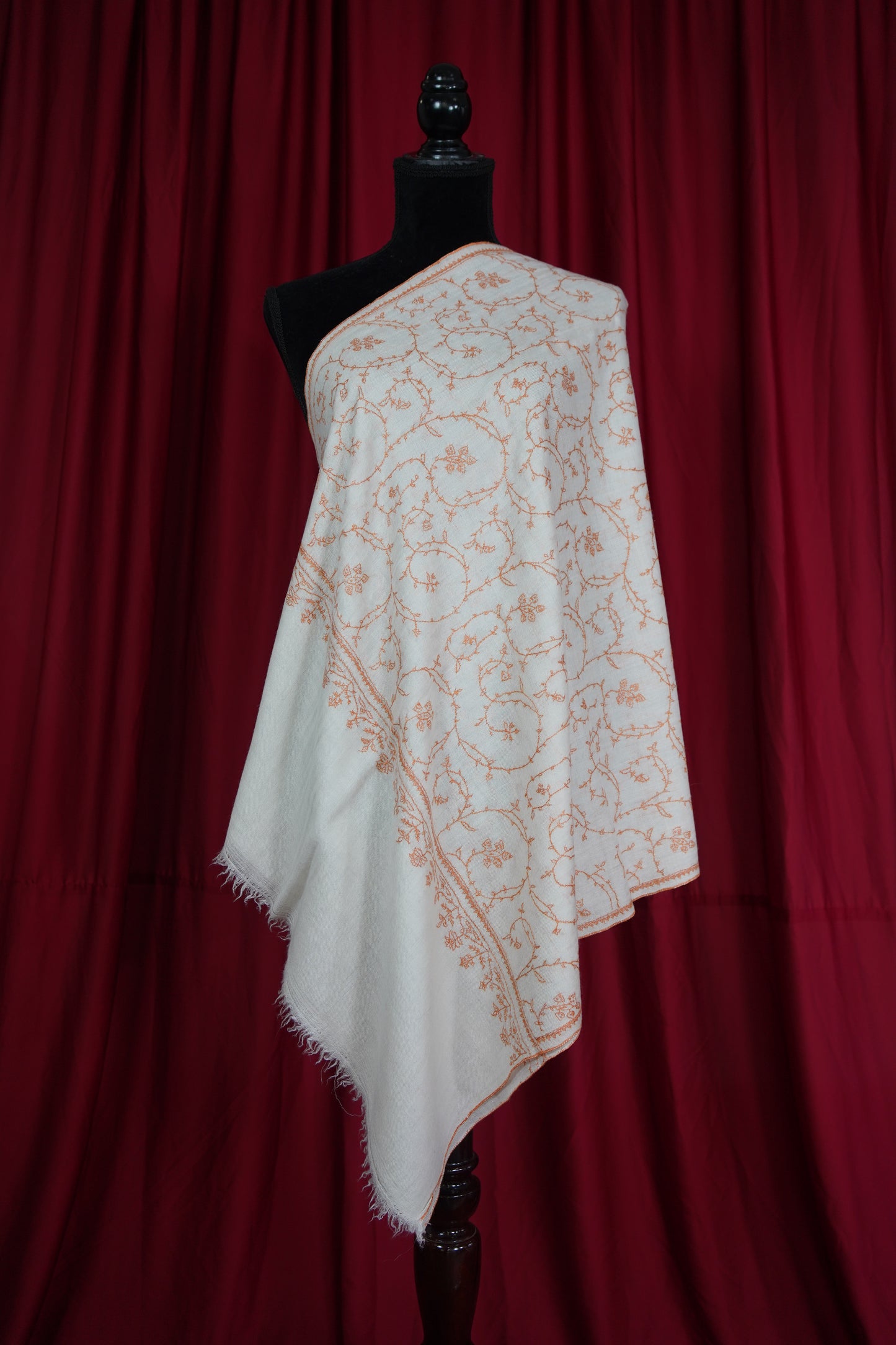 white GI jaali embroidery pashmina stole 9553