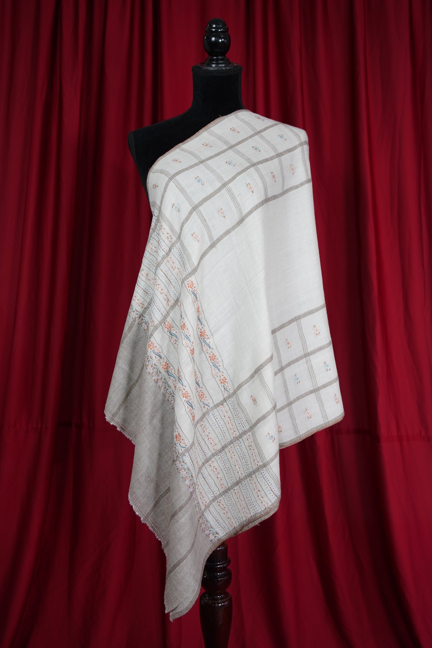white GI embroidery pashmina stole 9557