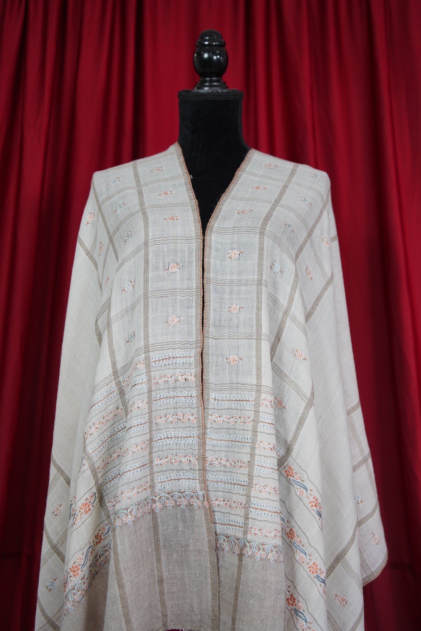 white GI embroidery pashmina stole 9557