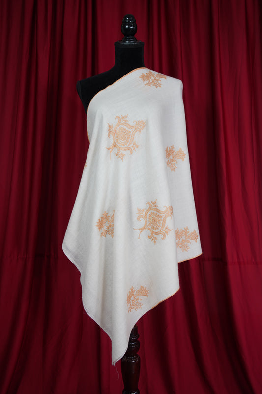 white butis GI embroidery pashmina stole 9559
