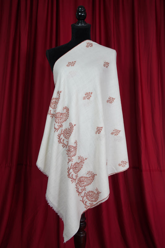 pure white butis GI embroidery pashmina stole 9560