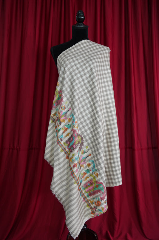 white and natural checked kani palla shawl 9563