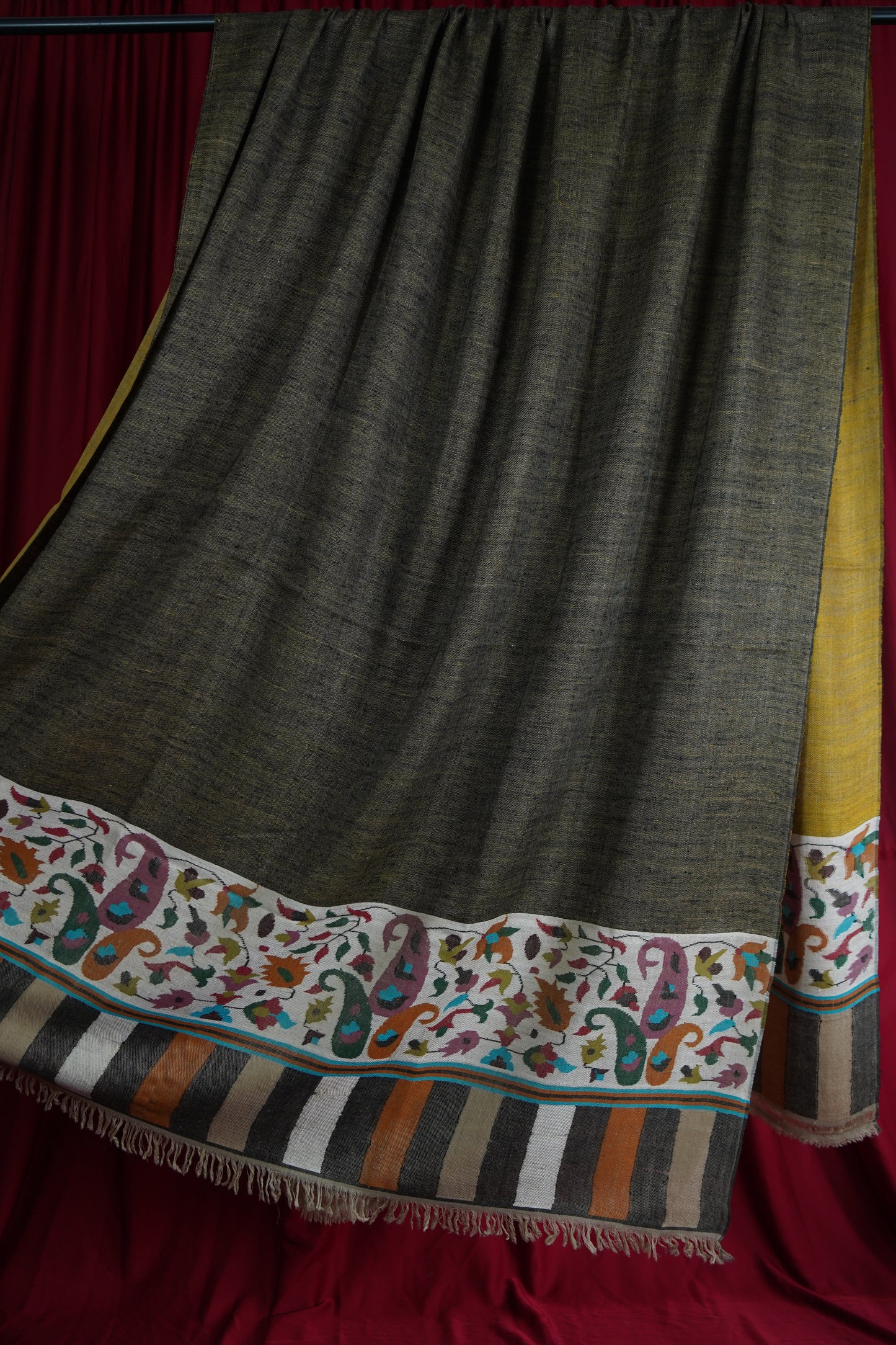 charcoal grey and mustard reversible XL GI kani palla shawl 9566