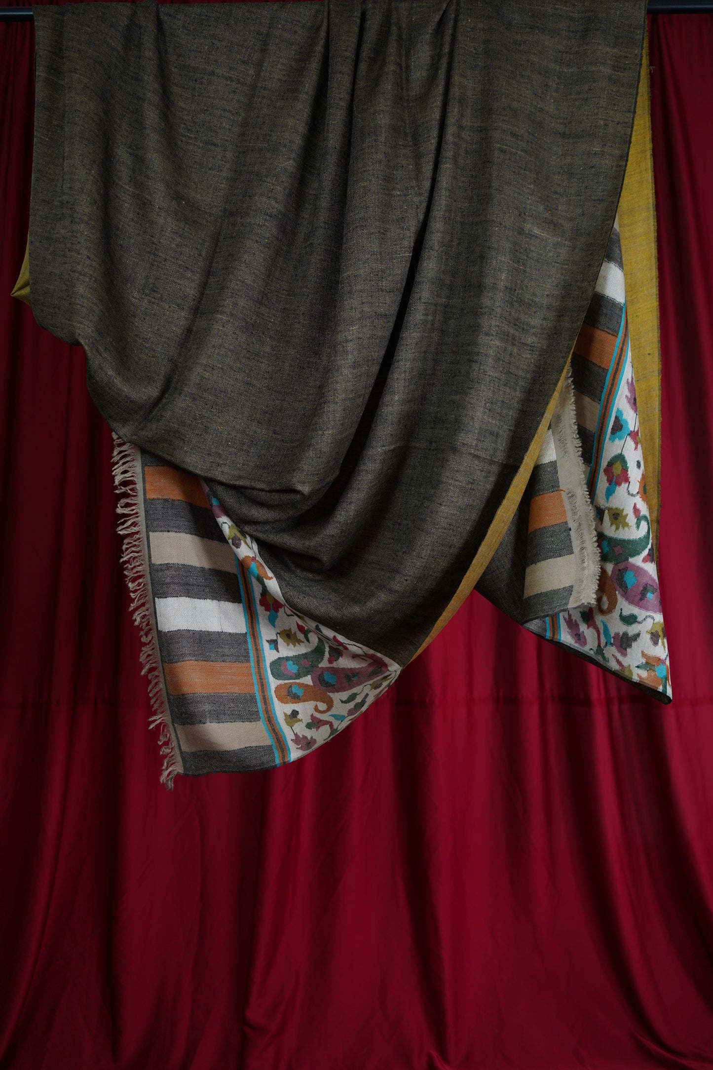 charcoal grey and mustard reversible XL GI kani palla shawl 9566