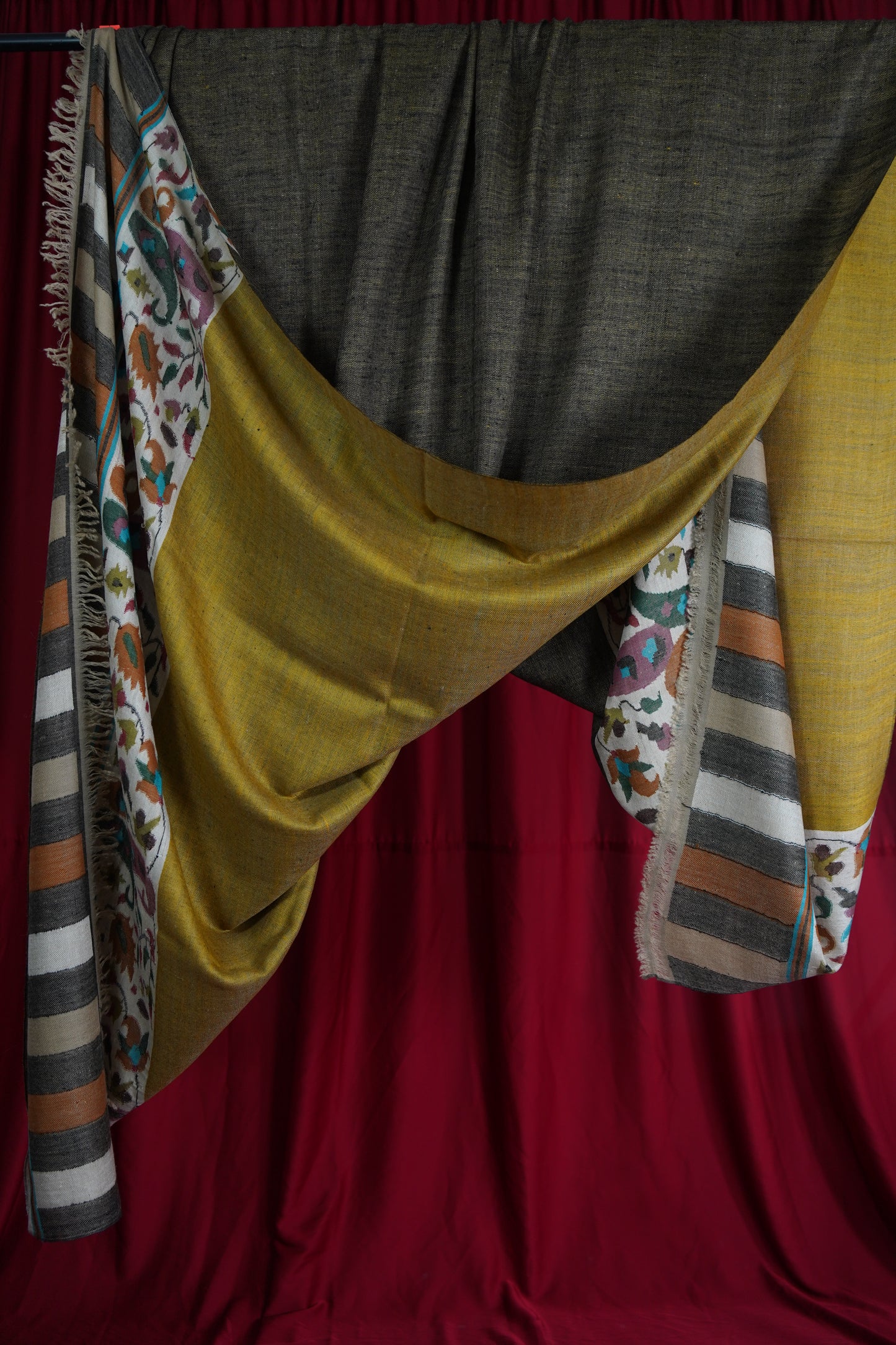 charcoal grey and mustard reversible XL GI kani palla shawl 9566