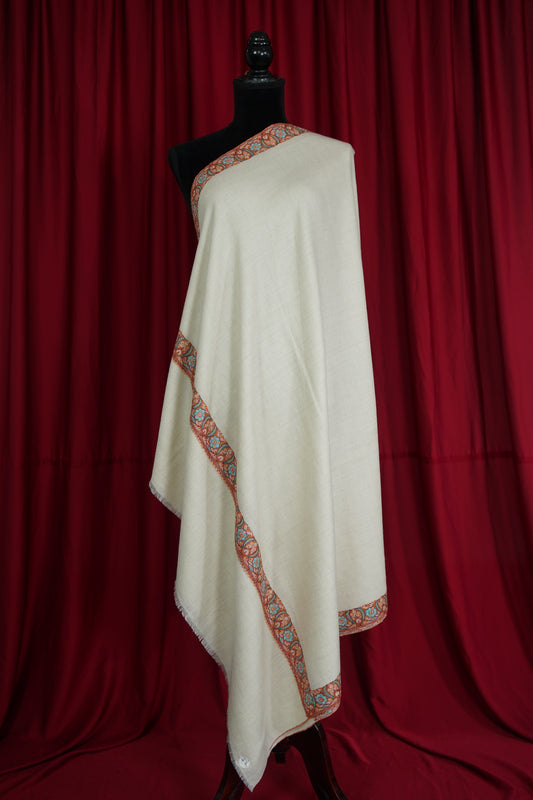 white GI hand spun embroidery pashmina shawl 9567