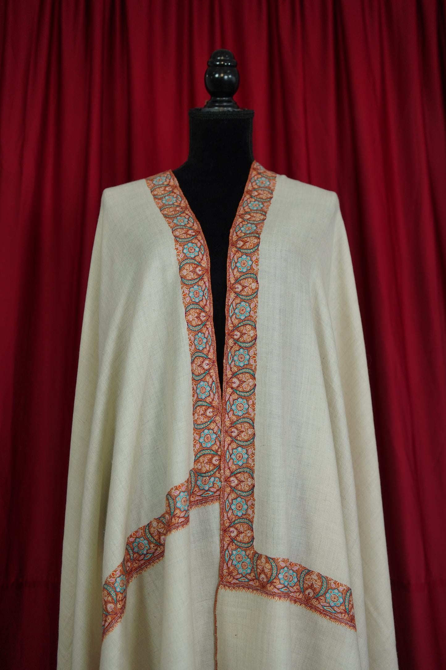 white GI hand spun embroidery pashmina shawl 9567