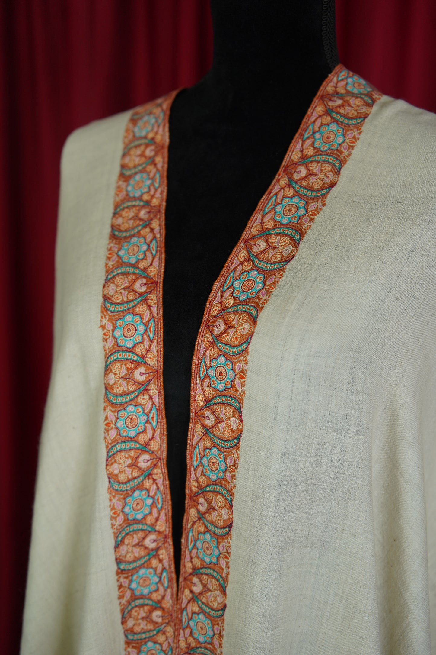 white GI hand spun embroidery pashmina shawl 9567
