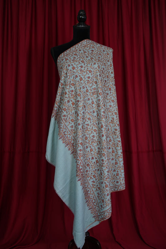 ice blue GI hand spun jaali embroidery pashmina shawl 9568