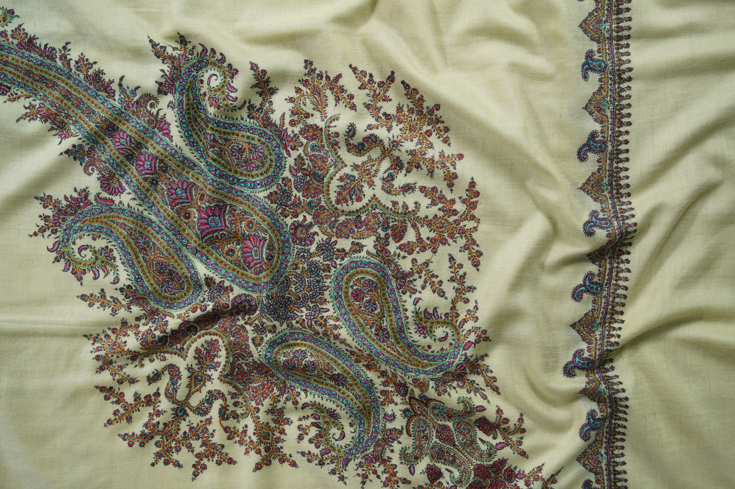 light yellow GI hand spun embroidery pashmina shawl 9570