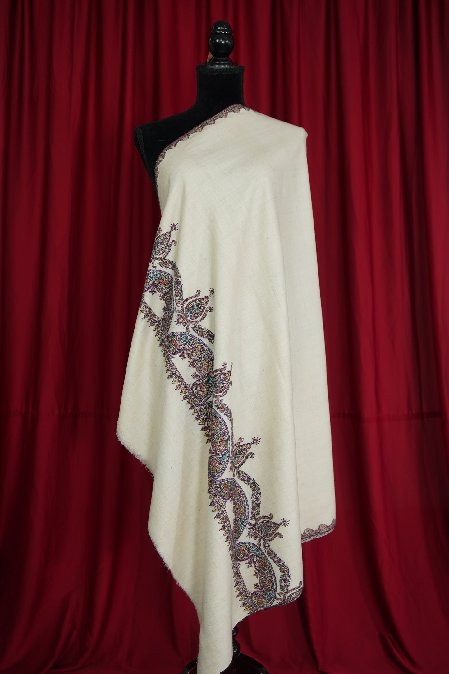 white GI hand spun embroidery pashmina shawl 9572
