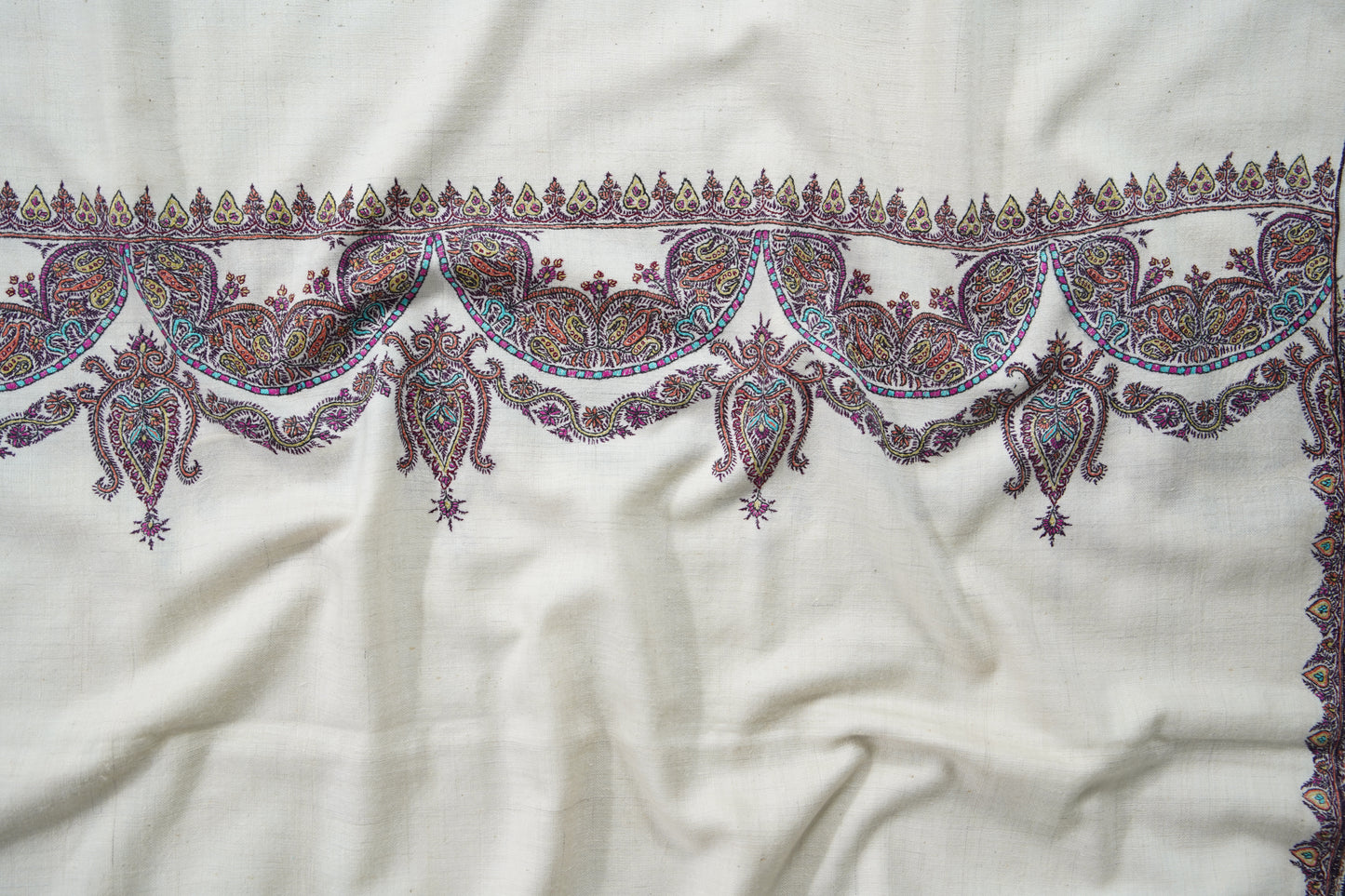 white GI hand spun embroidery pashmina shawl 9572
