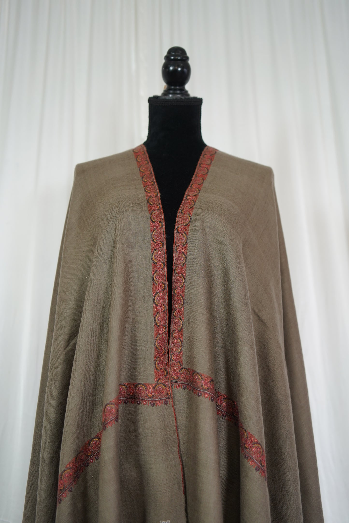 Dark natural GI hand spun embroidery pashmina shawl 9573