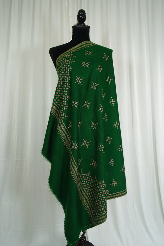 Green GI hand spun butis embroidery pashmina shawl 9575