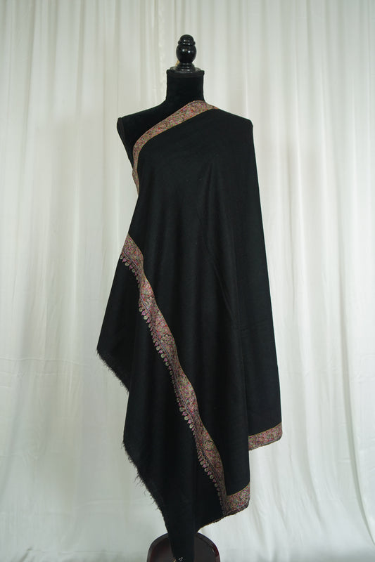 black GI hand spun embroidery pashmina shawl 9576