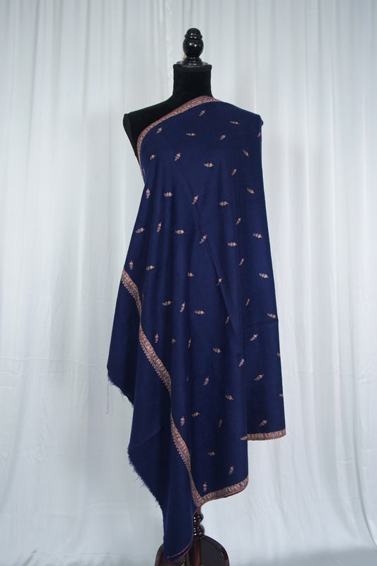 denim blue GI hand spun butis embroidery pashmina shawl 9578