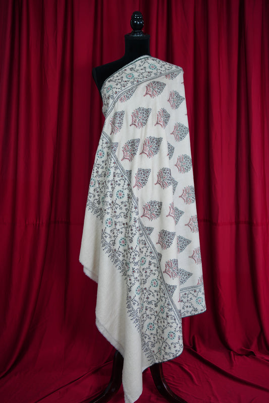 white GI butis embroidery pashmina shawl 9587