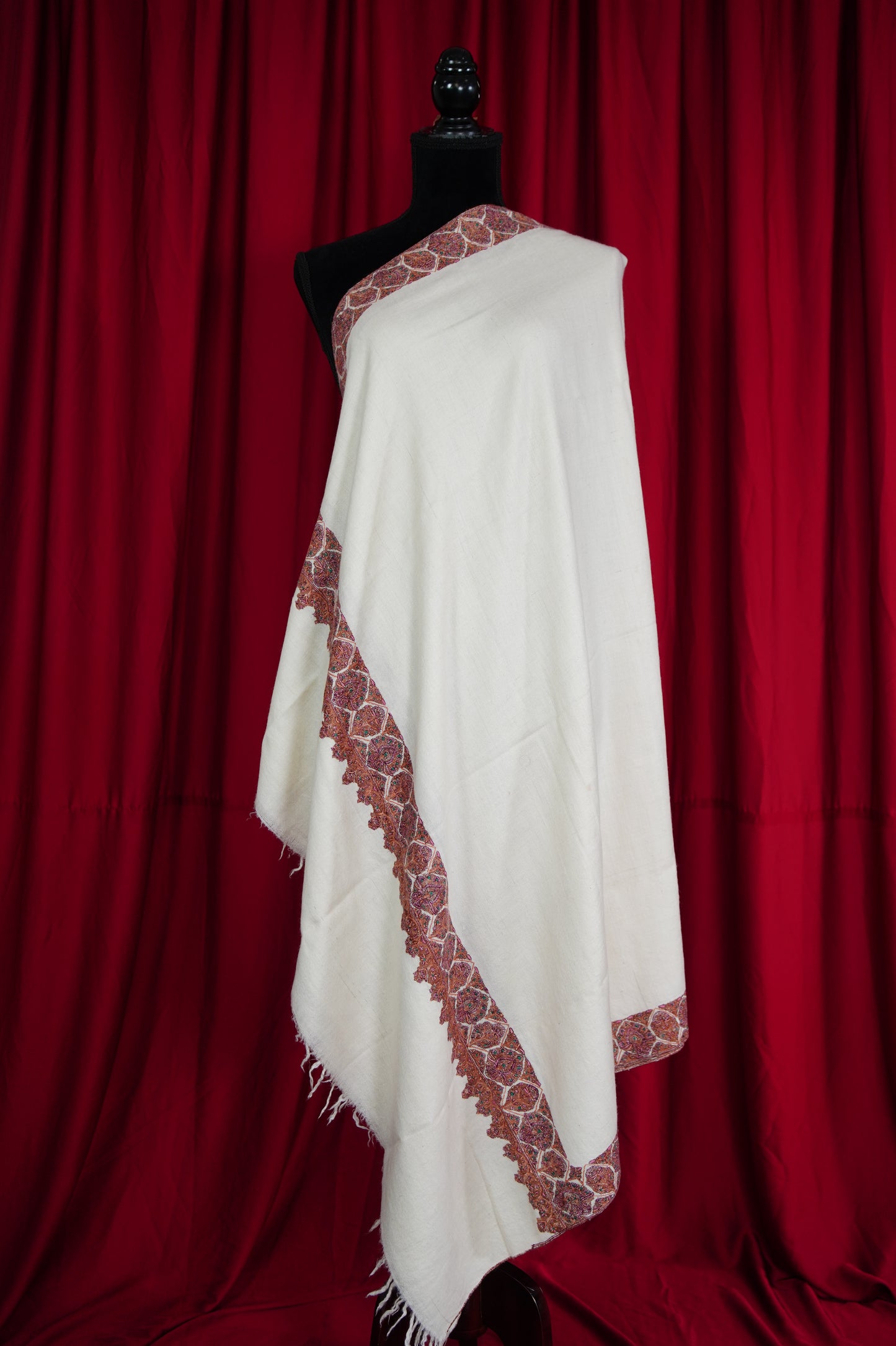 pure white GI embroidery pashmina shawl 9591