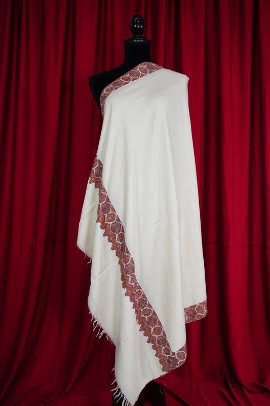pure white GI embroidery pashmina shawl 9591