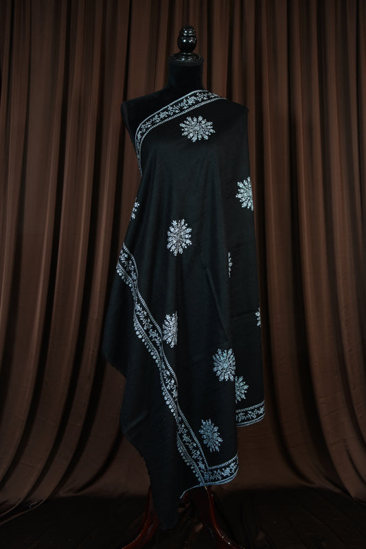 jet black GI butis embroidery pashmina shawl 9620