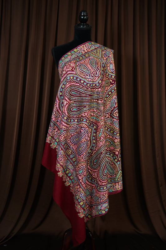 maroon GI jamma embroidery pashmina shawl 9625
