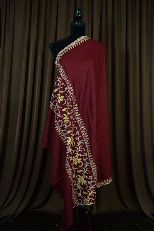 mahogany red GI embroidery pashmina shawl 9628