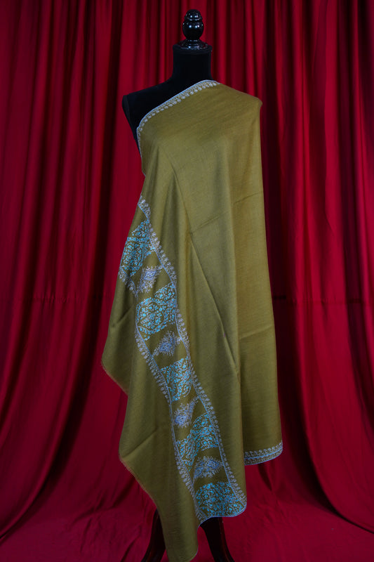 olive green GI embroidery pashmina shawl 9633