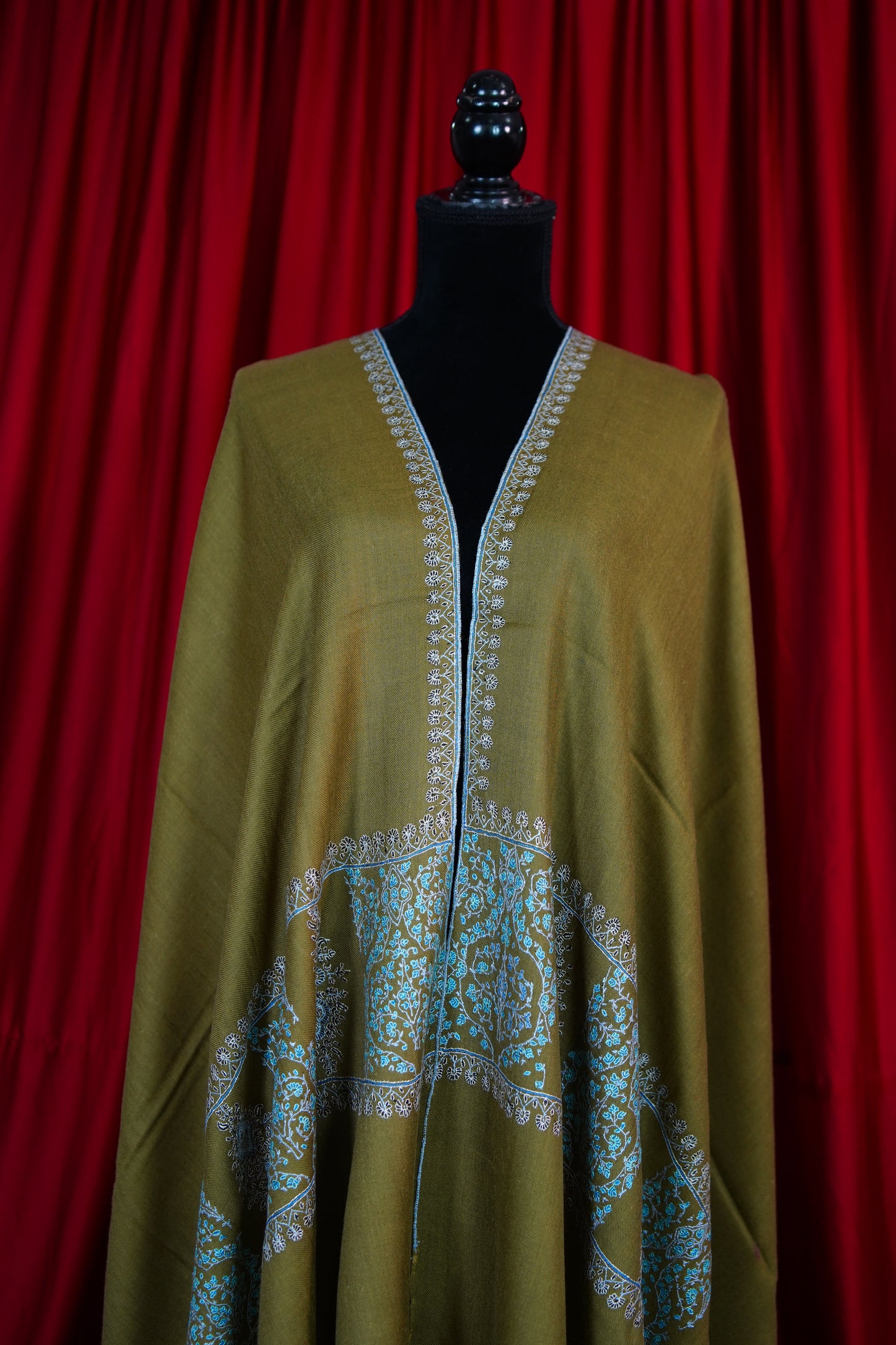 olive green GI embroidery pashmina shawl 9633