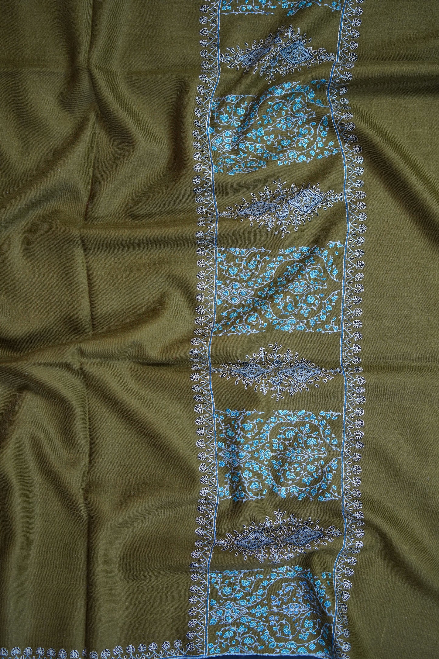 olive green GI embroidery pashmina shawl 9633