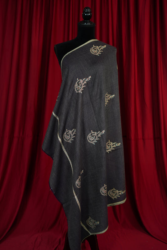 shadow gray butis GI embroidery pashmina shawl 9637