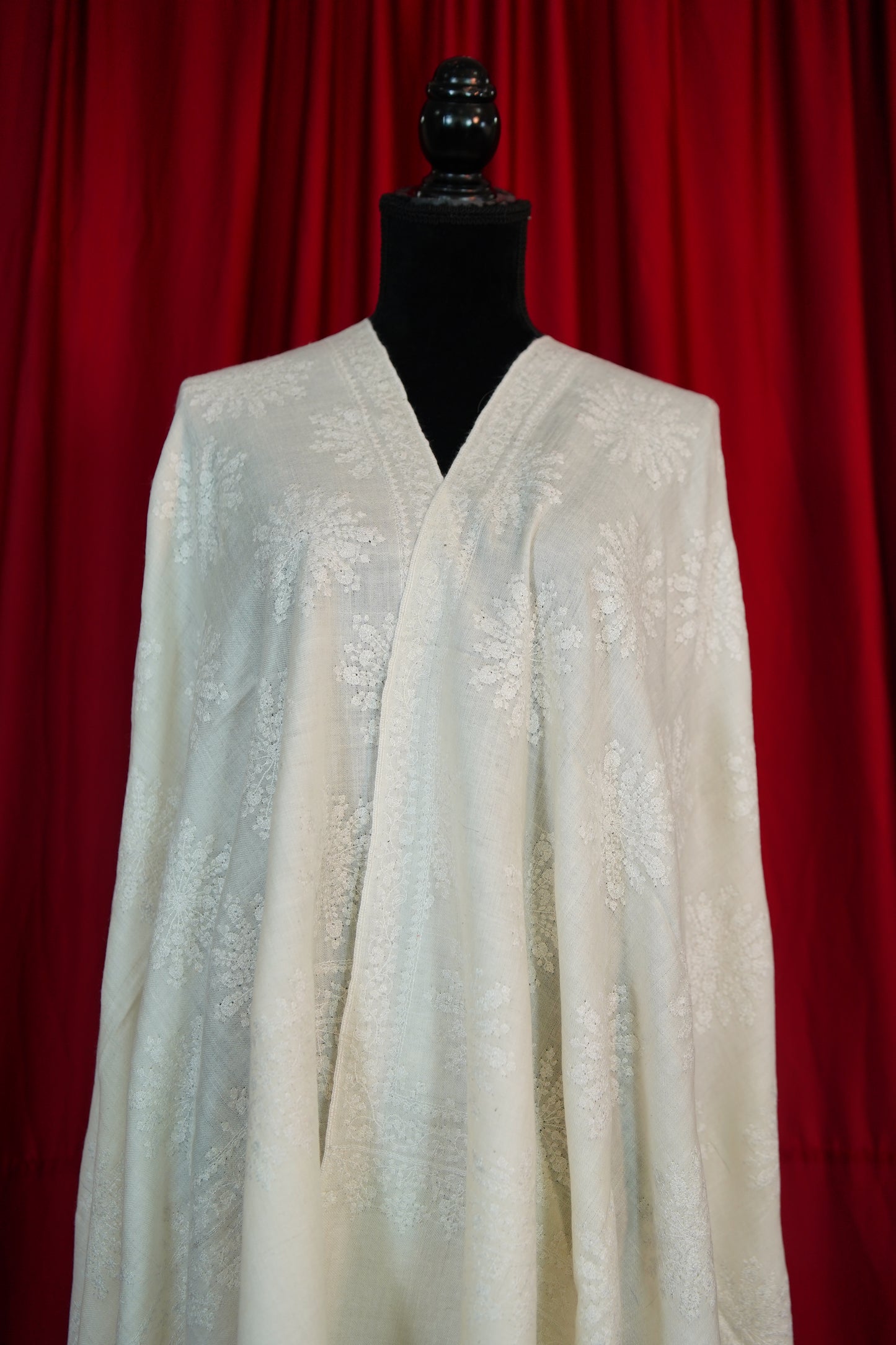 white butis GI embroidery pashmina shawl 9654