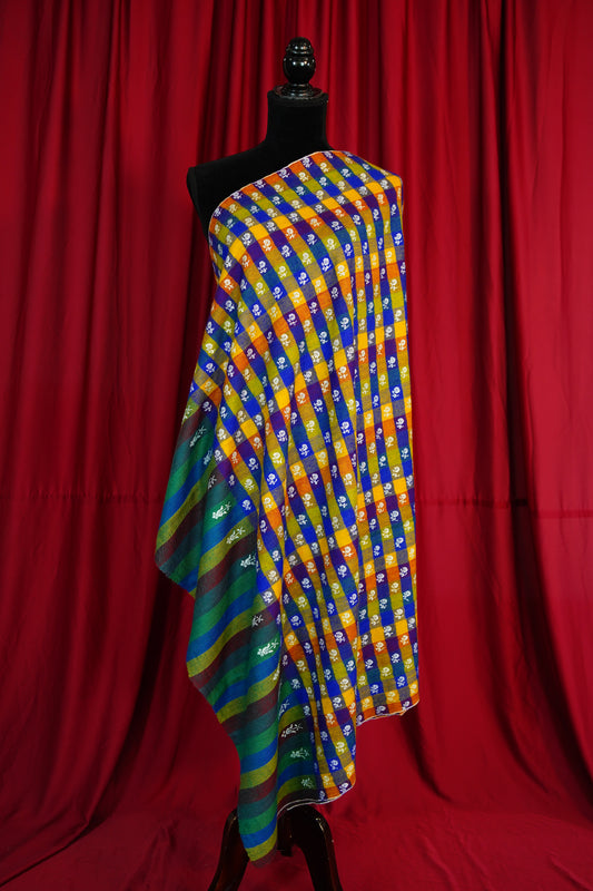 multi-coloured striped and checked GI embroidery pashmina shawl 9664