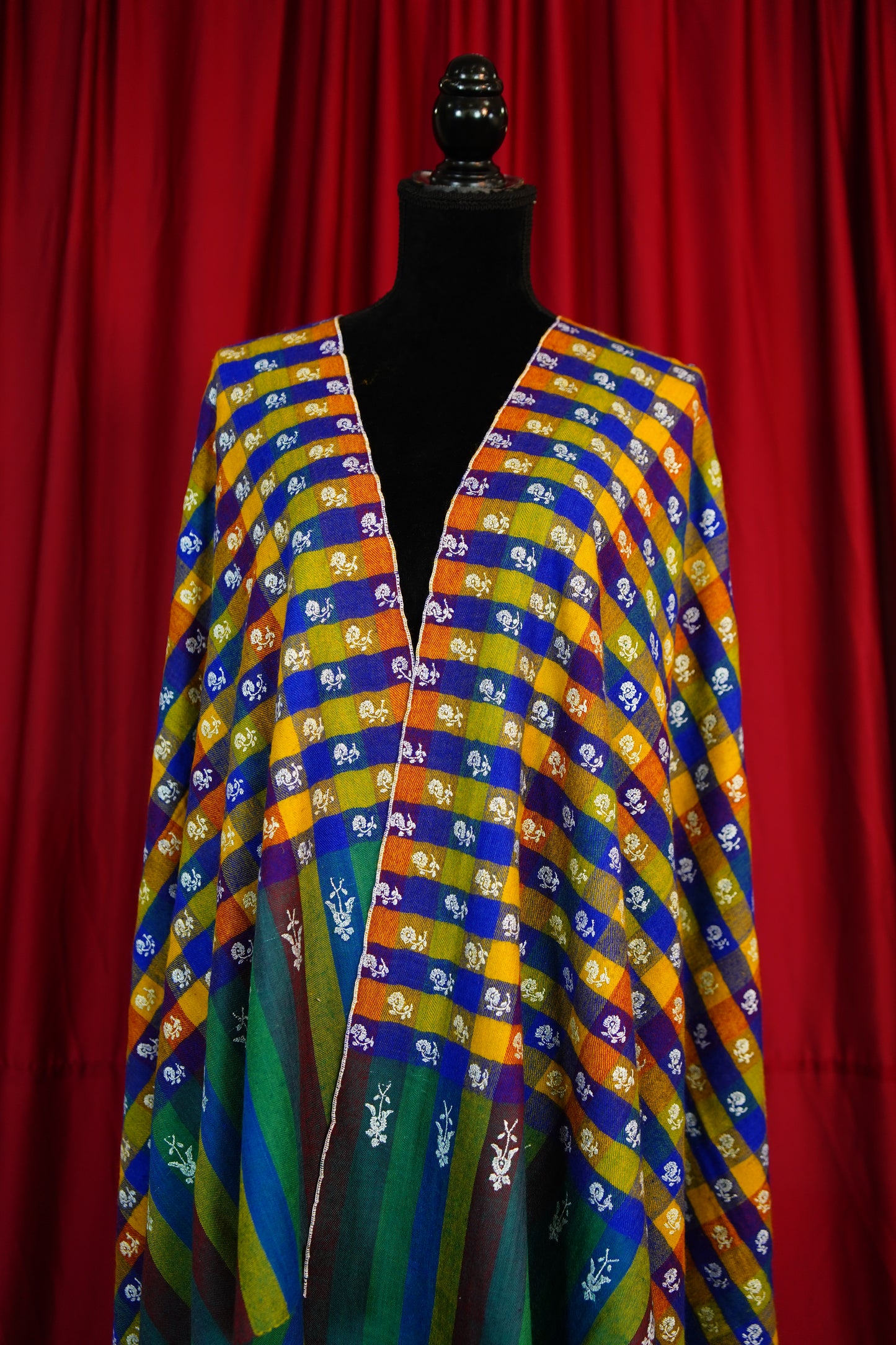 multi-coloured striped and checked GI embroidery pashmina shawl 9664