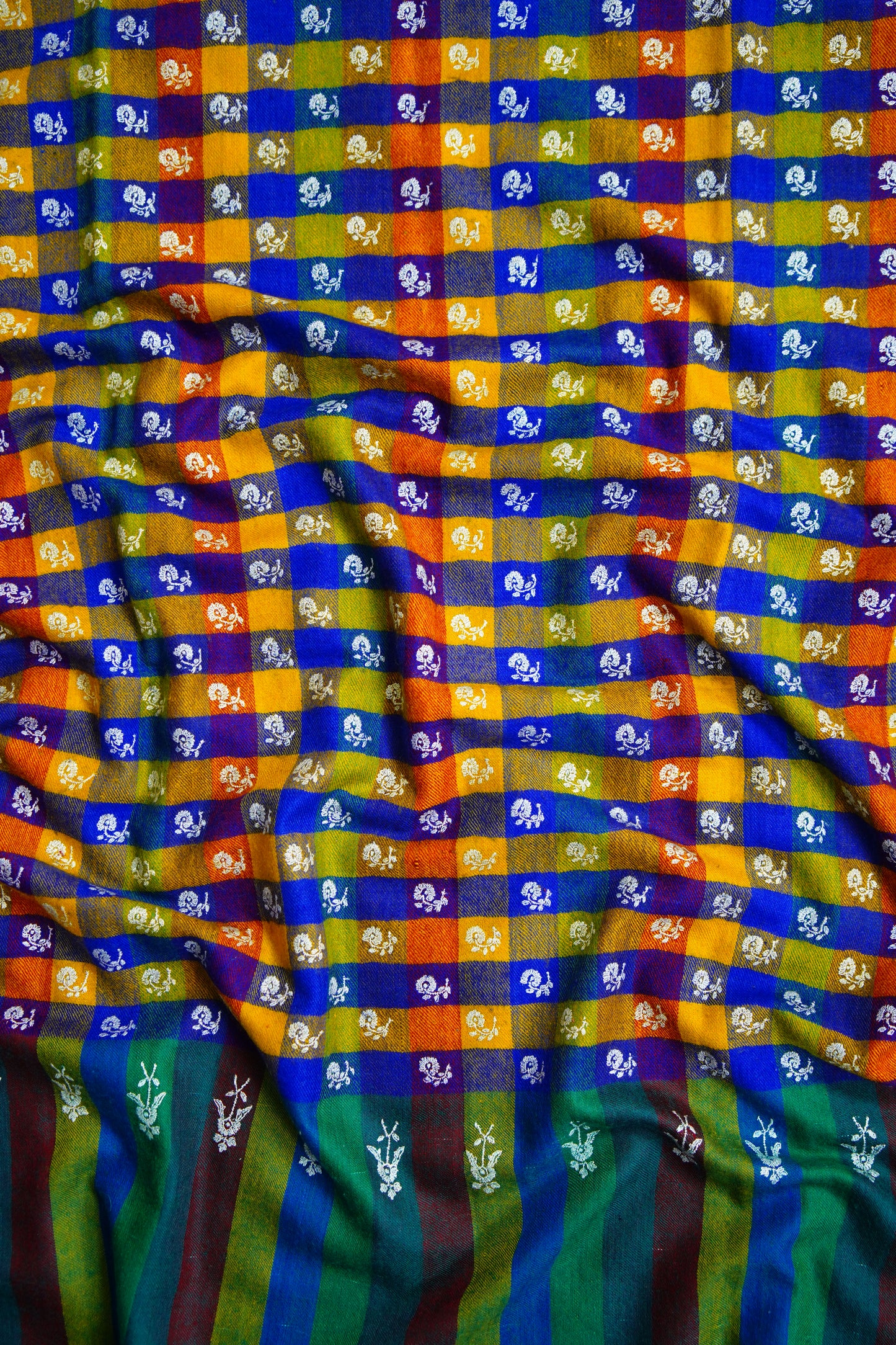 multi-coloured striped and checked GI embroidery pashmina shawl 9664