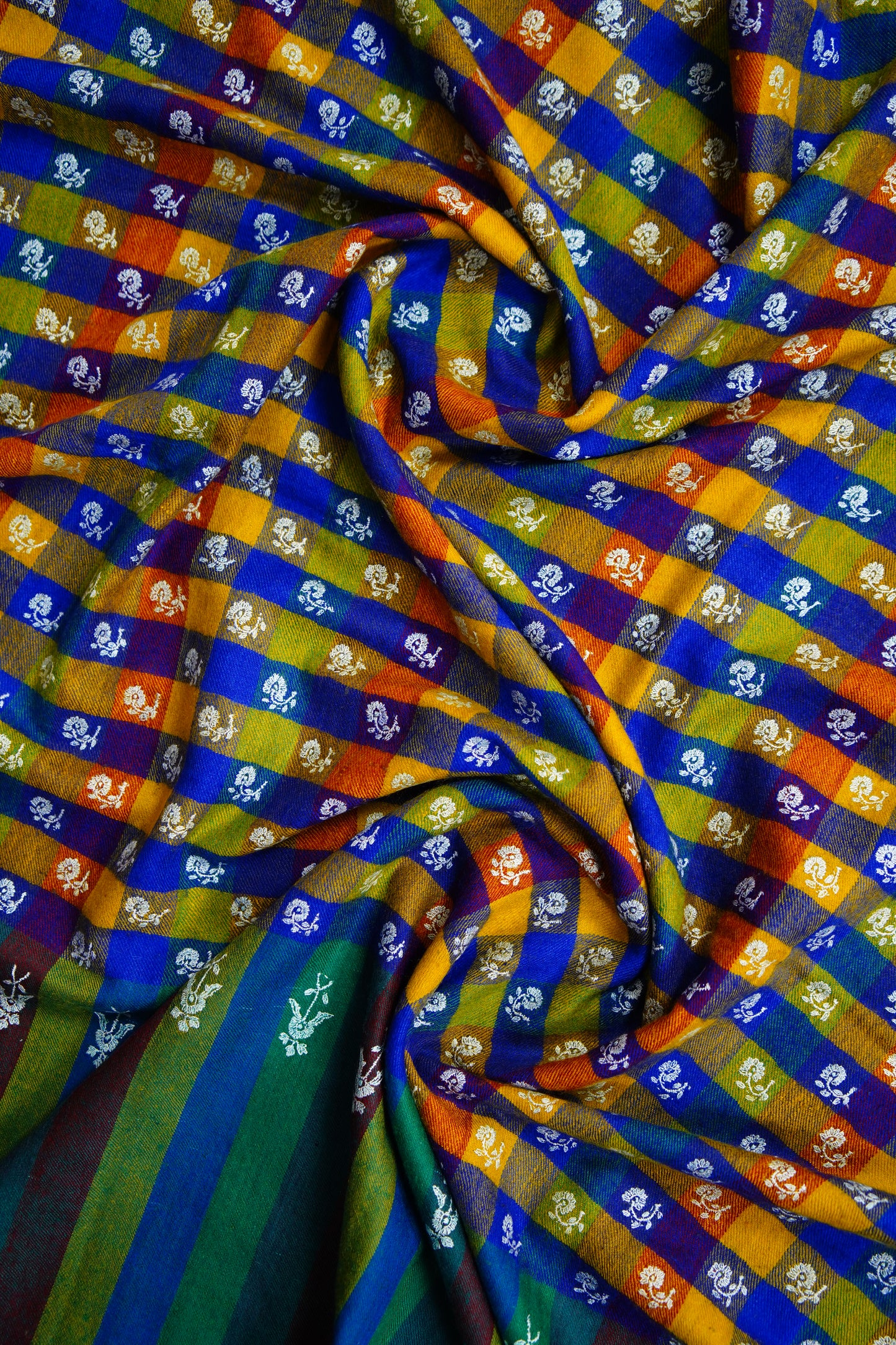 multi-coloured striped and checked GI embroidery pashmina shawl 9664