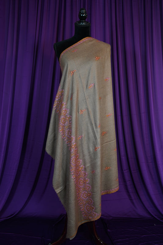 dark natural butis GI embroidery pashmina shawl 9669