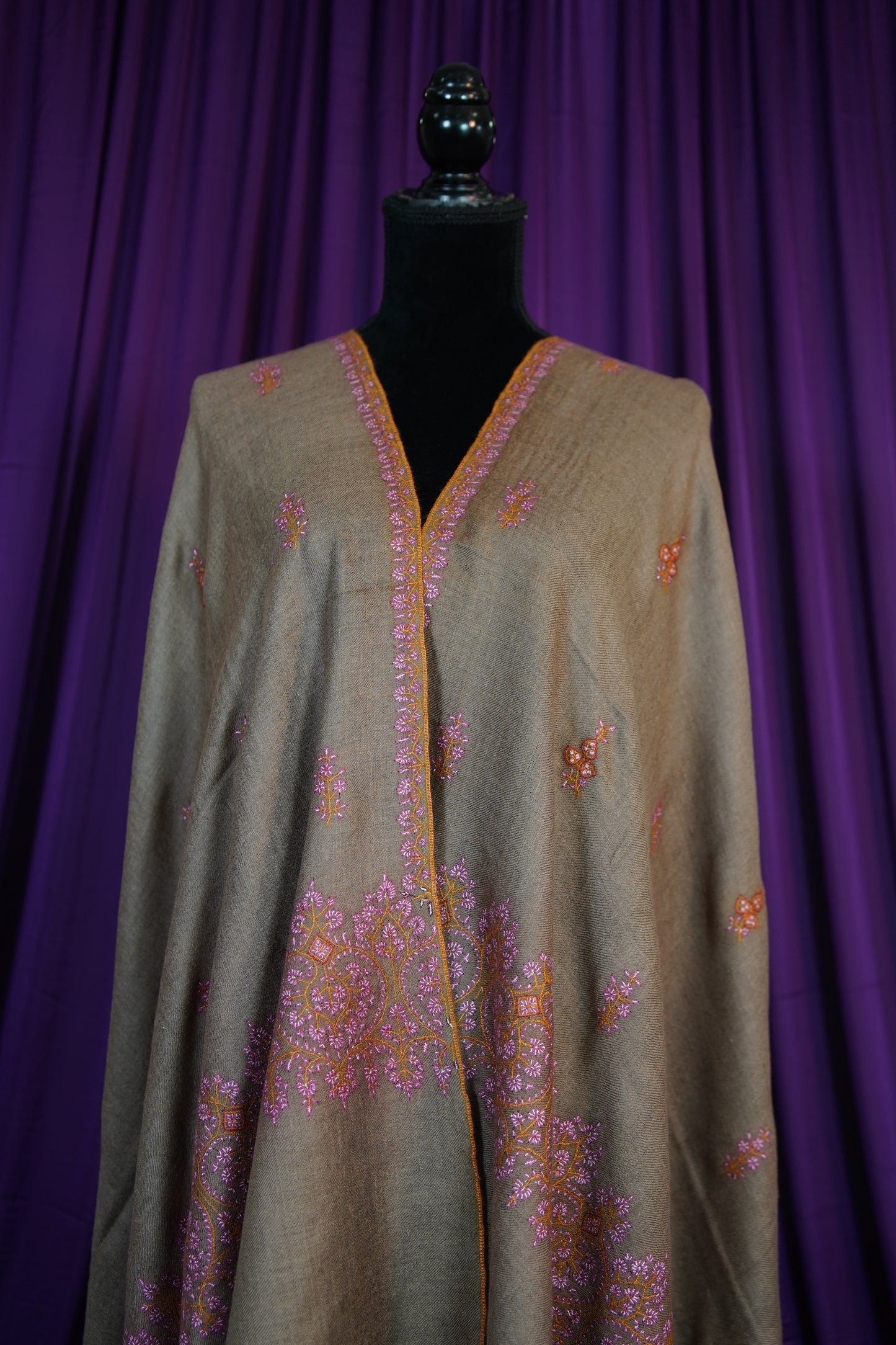 dark natural butis GI embroidery pashmina shawl 9669