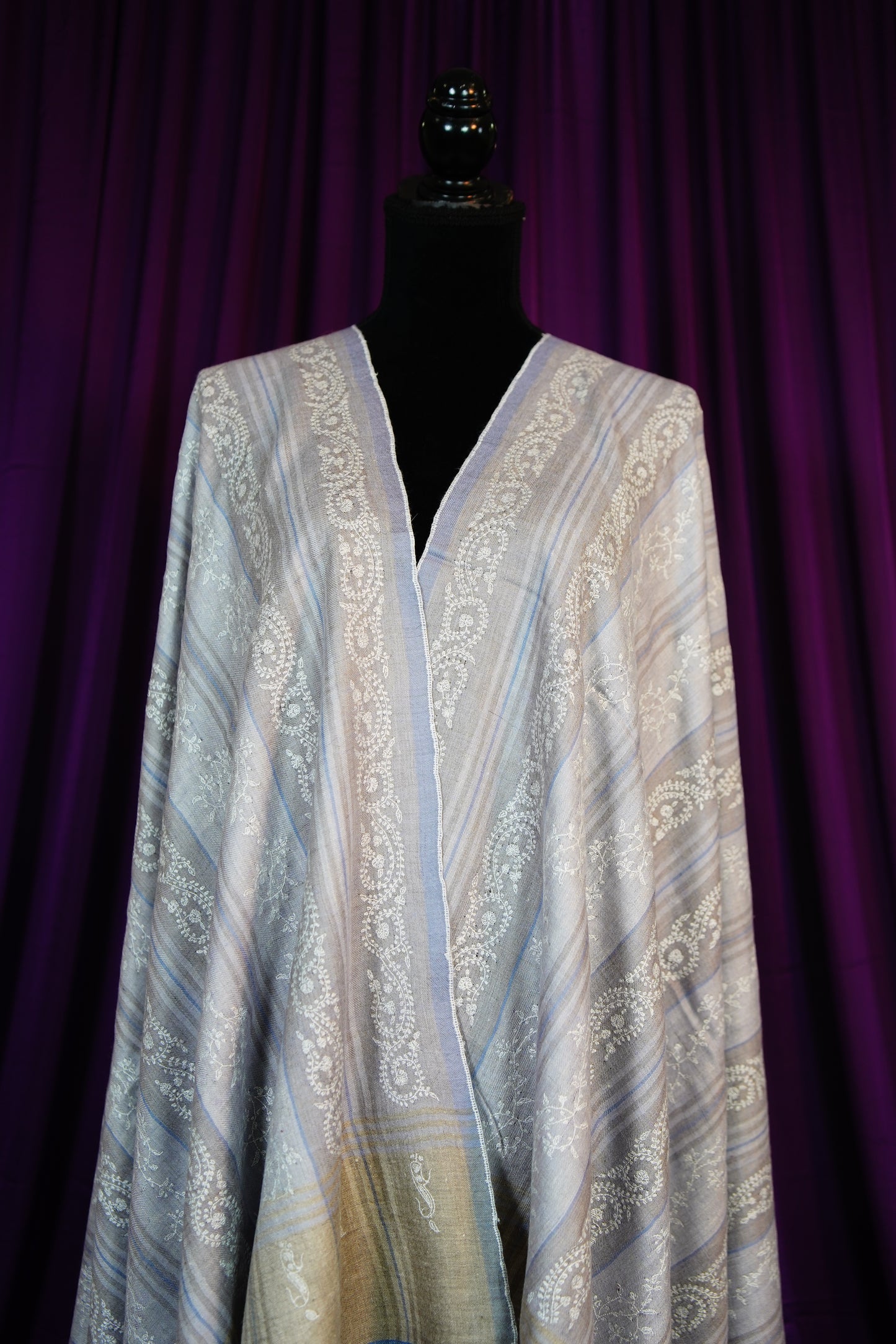 abalone gray striped GI embroidery pashmina shawl 9671