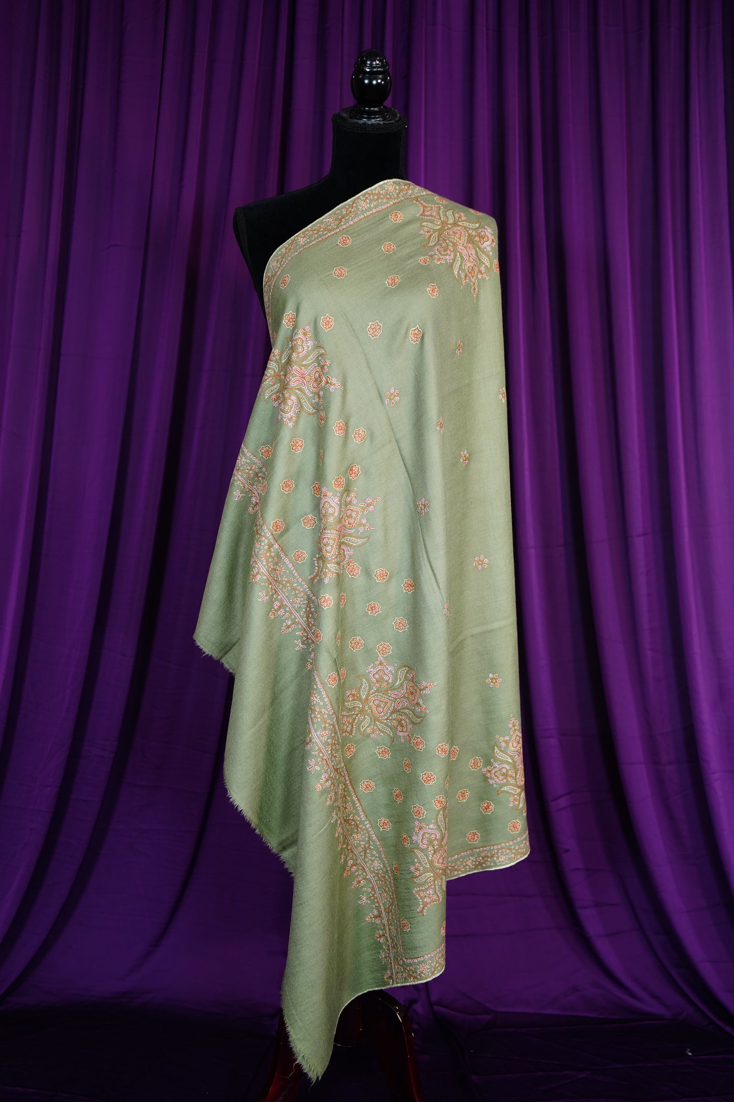 sage green GI embroidery pashmina shawl 9674