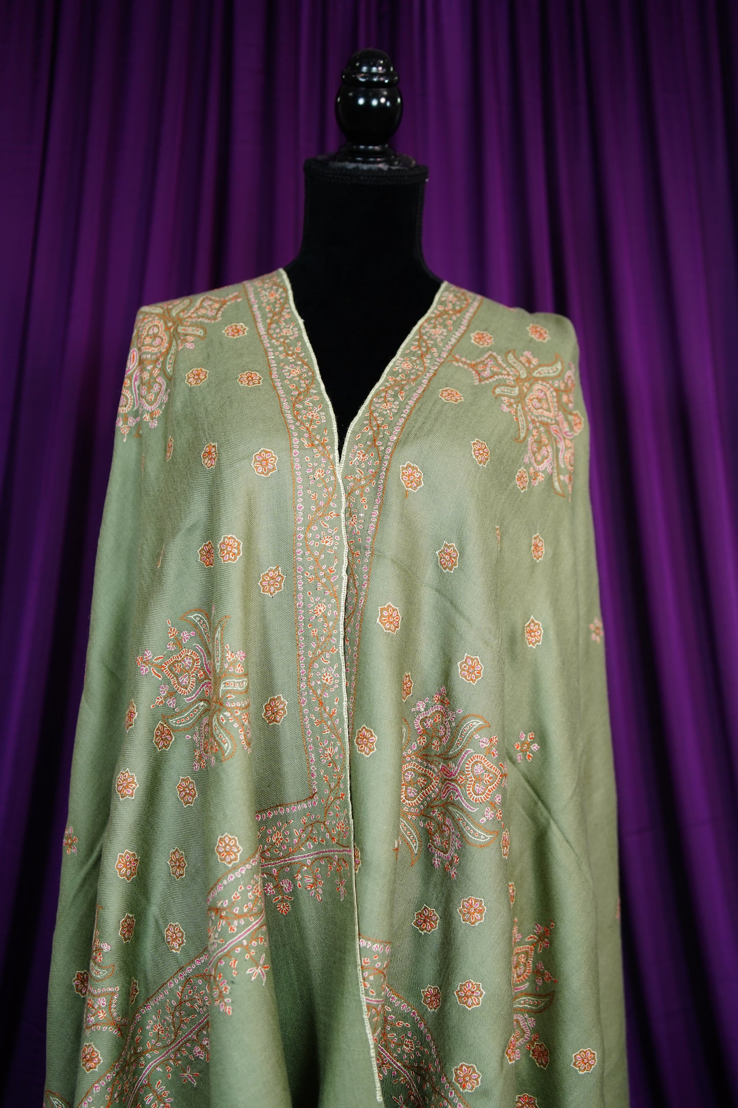 sage green GI embroidery pashmina shawl 9674