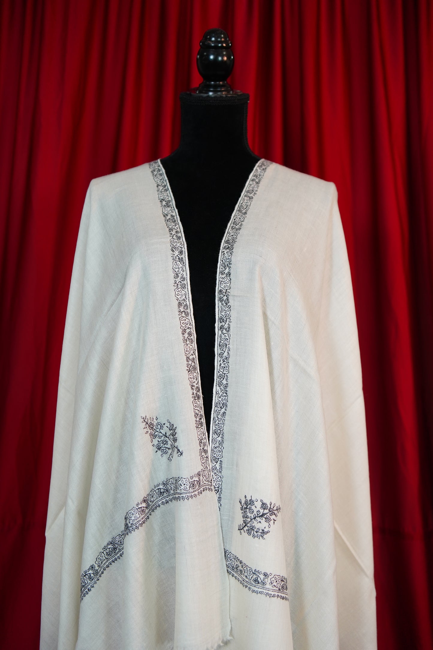 pure white GI embroidery pashmina stole 9679