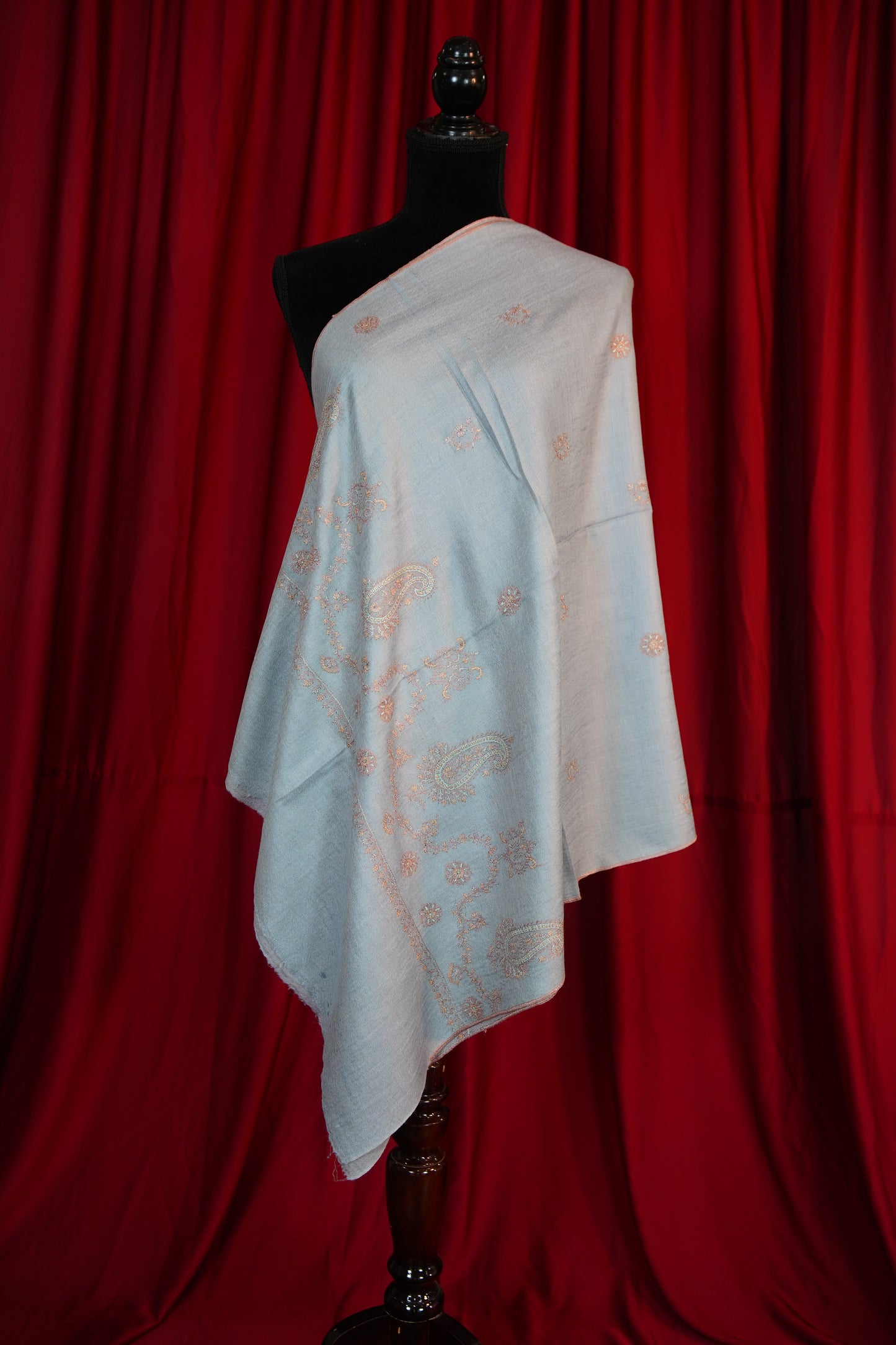 ice blue butis GI embroidery pashmina stole 9681