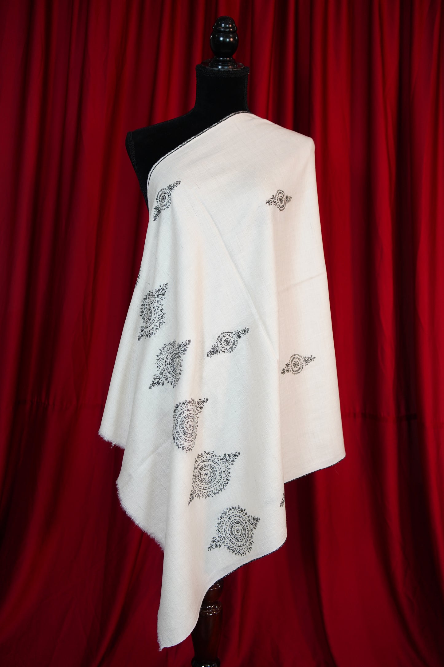 pure white GI embroidery pashmina stole 9683