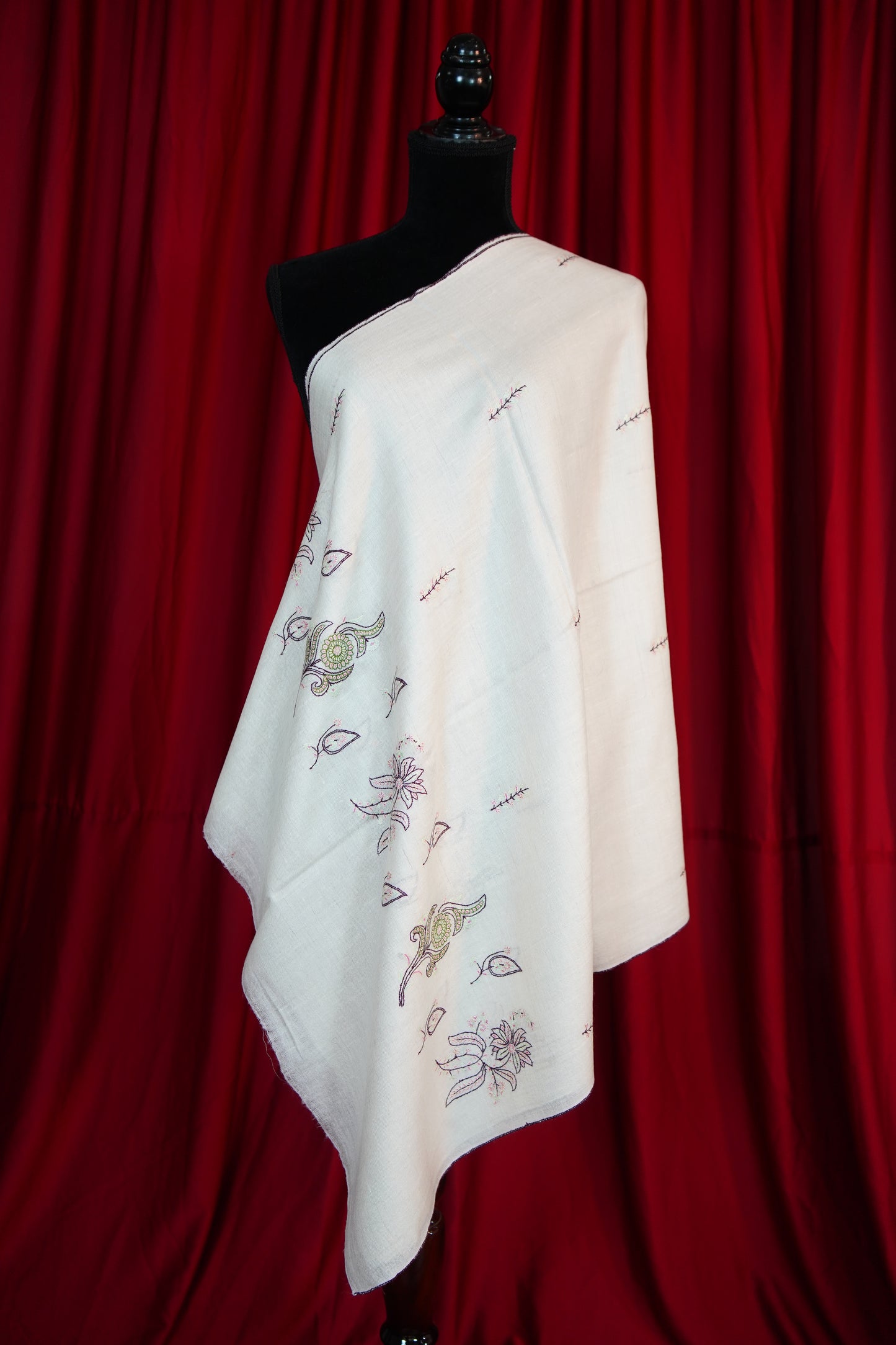 white GI embroidery pashmina stole 9685
