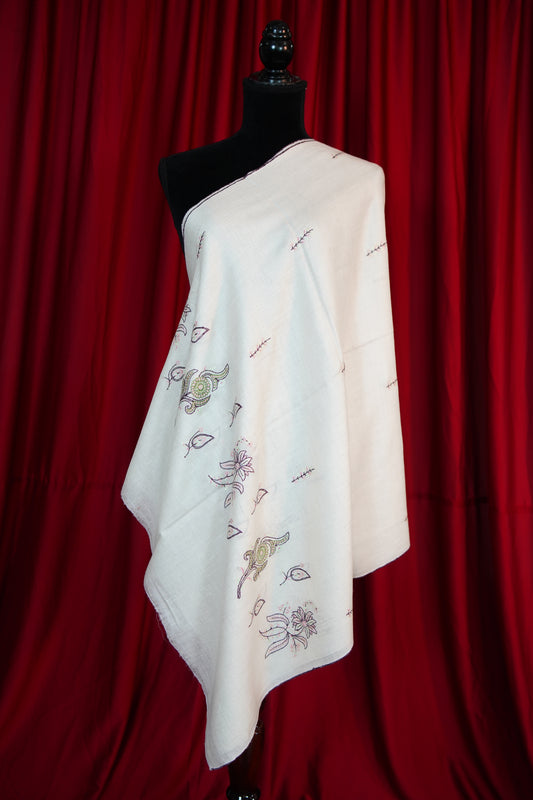 white GI embroidery pashmina stole 9685