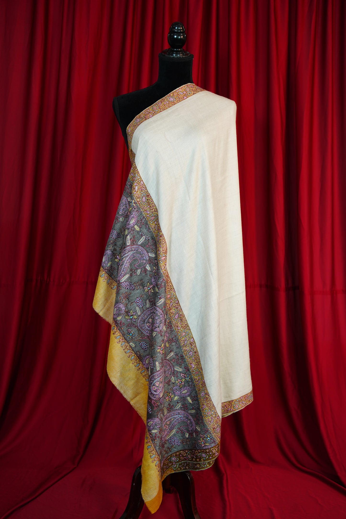 off white multicoloured GI embroidery pashmina shawl 9692